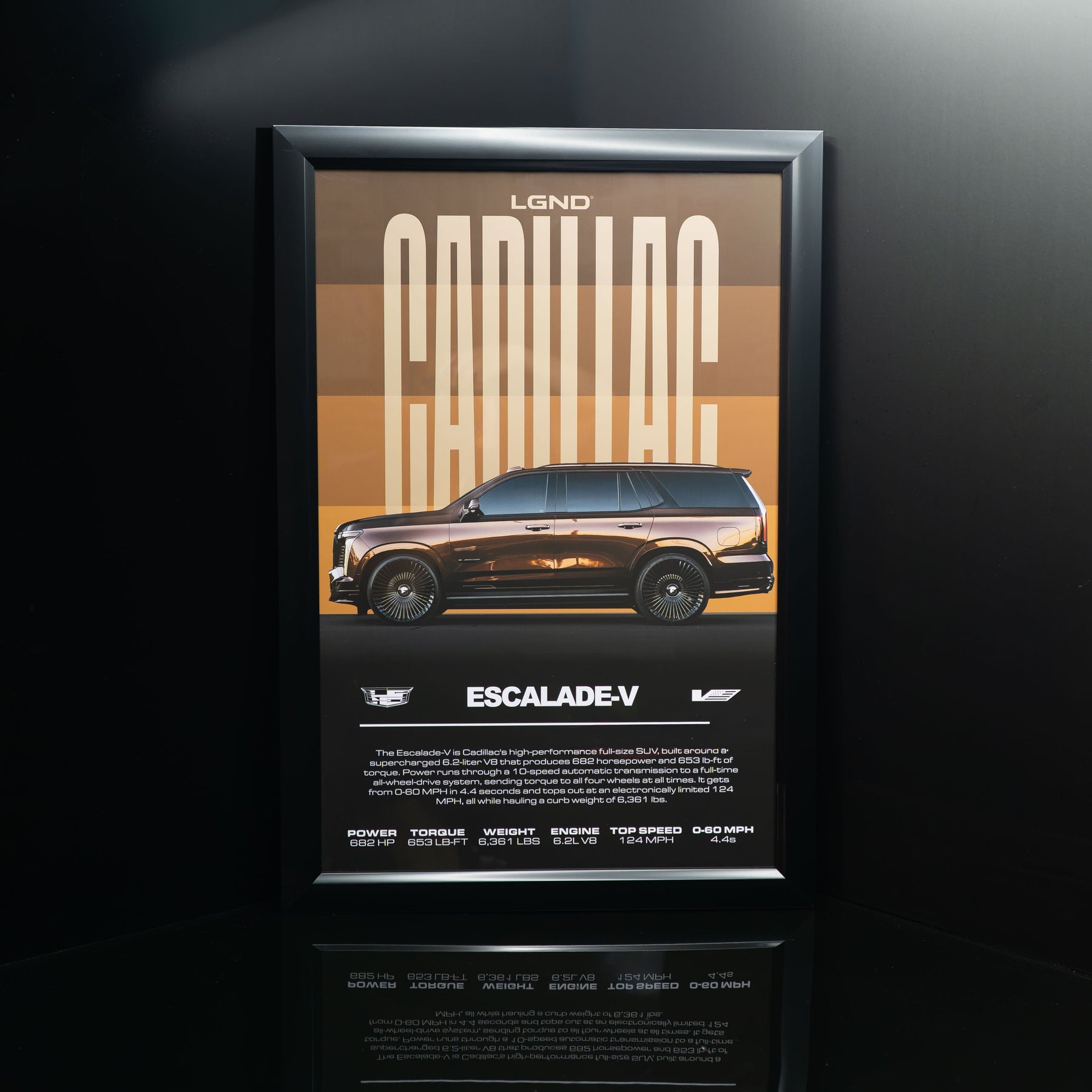 LGND Escalade-V spec sheet poster framed, straight-on view