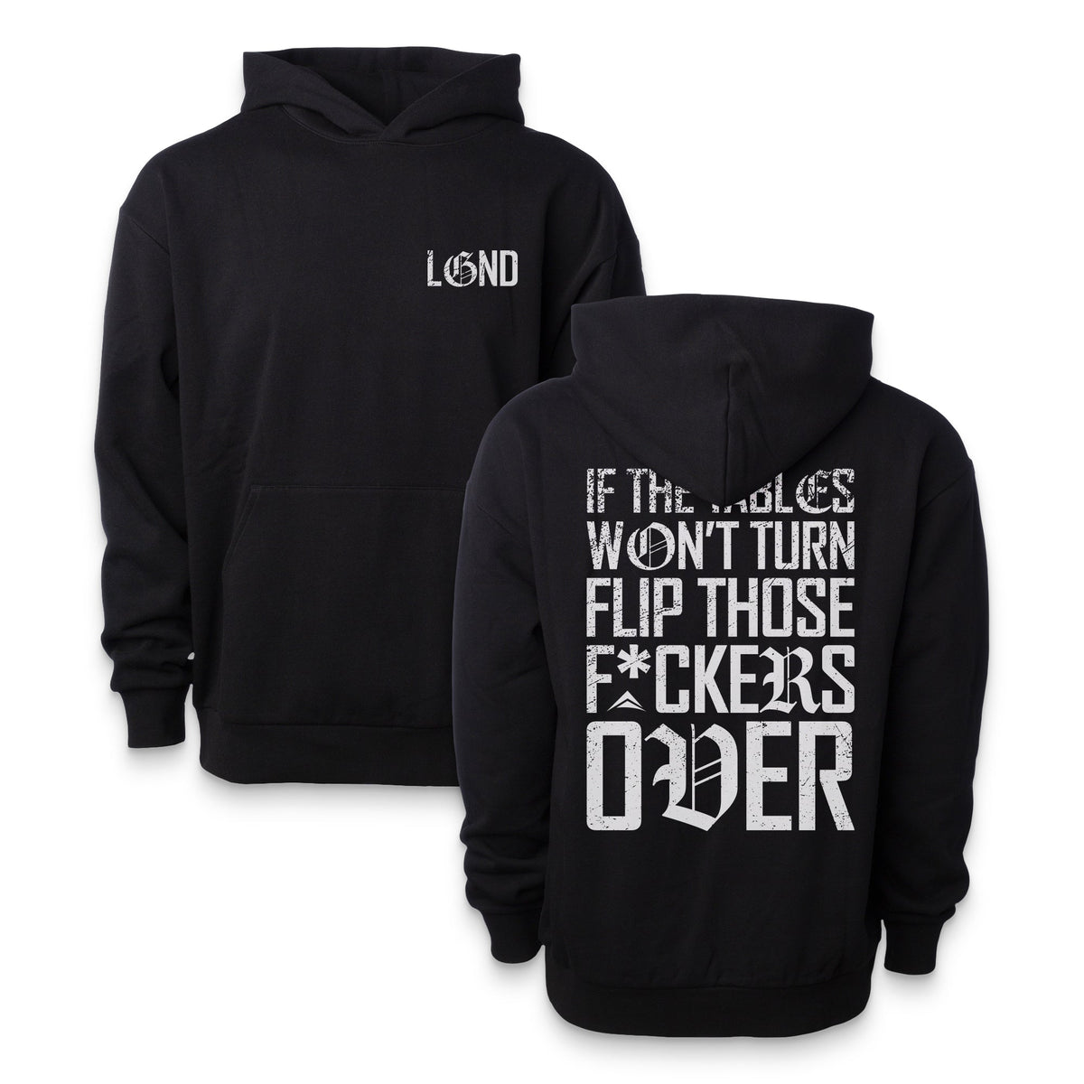 LGND Flip The Tables Oversized Hoodie in black, front and back views, white distressed back print