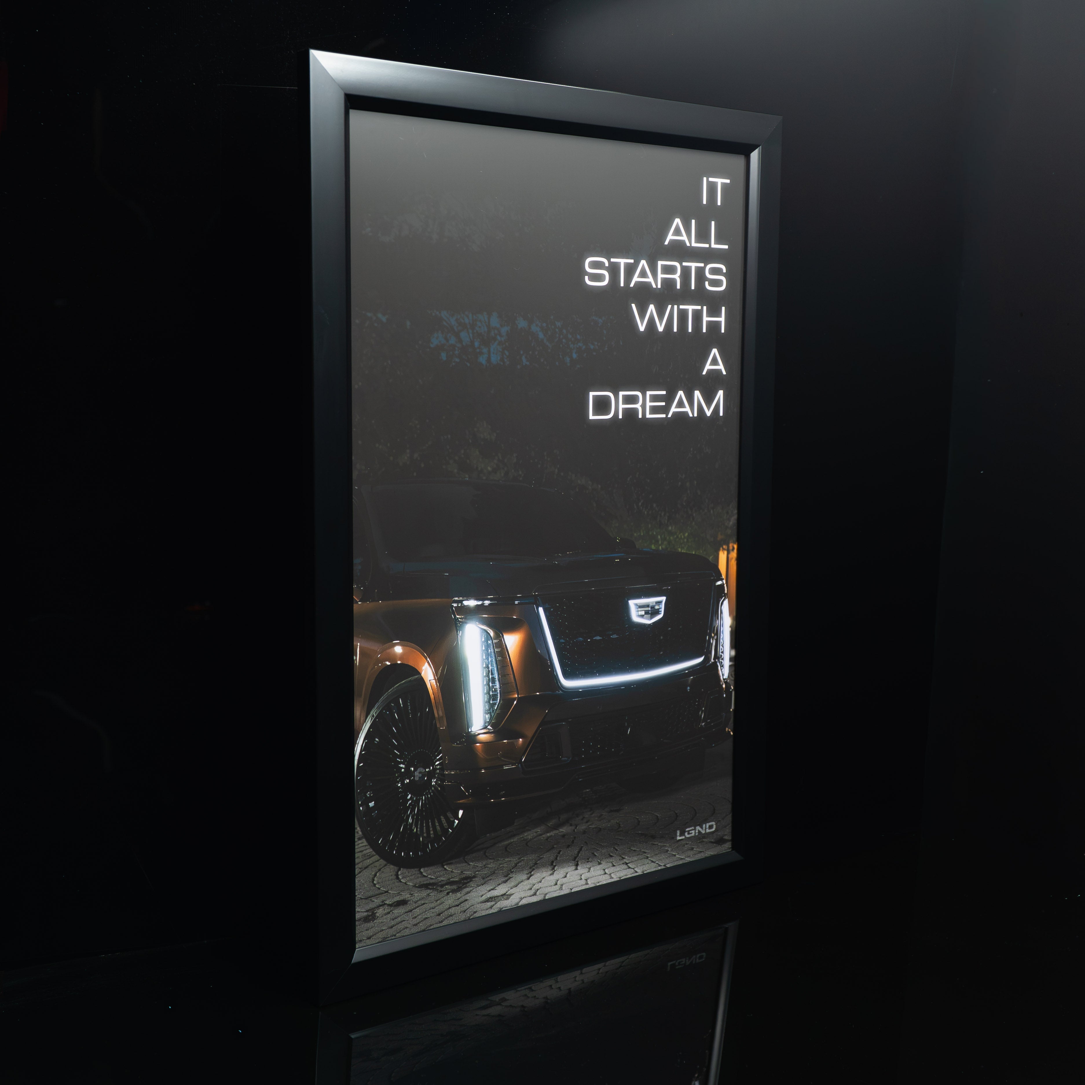 Escalade-V After Dark Collector's Print in matte black frame, angled view