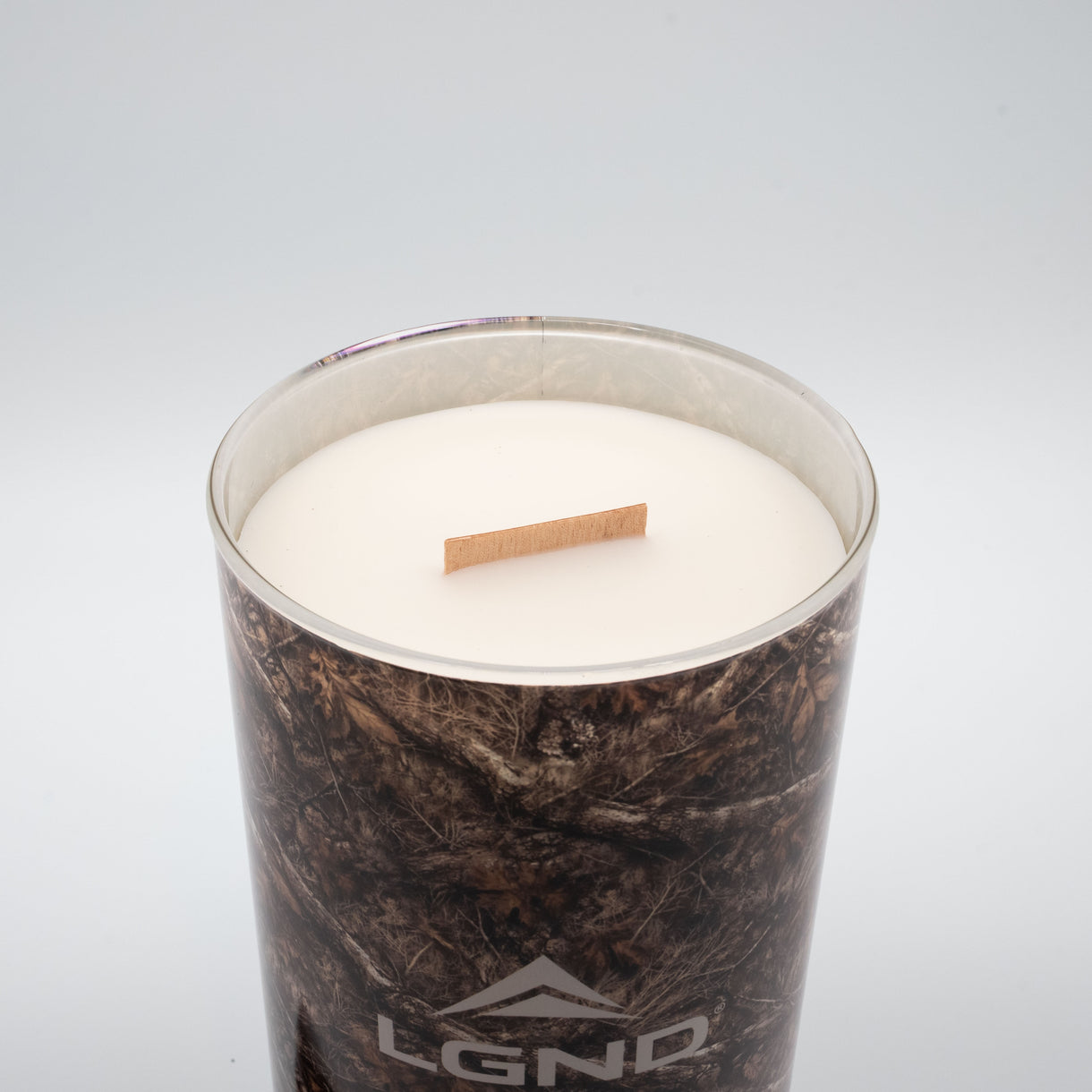 Close-up of the natural wood wick inside the Terrain Big Candle