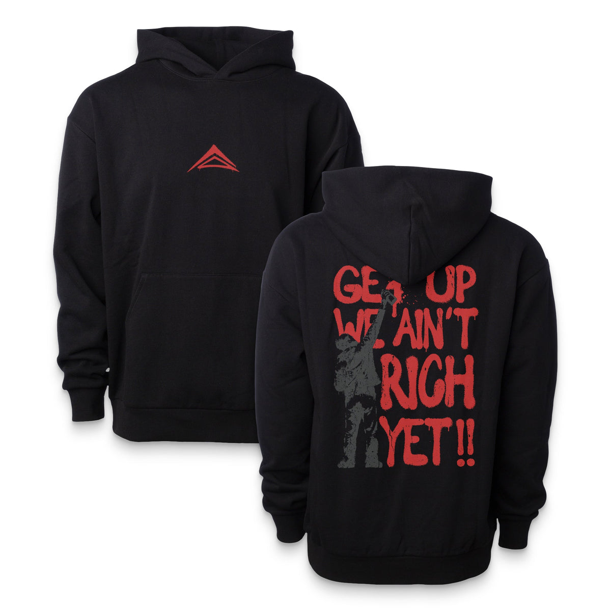 LGND Ain't Rich Yet Oversized Hoodie in black, front and back views, red Get Up We Ain't Rich Yet graffiti print