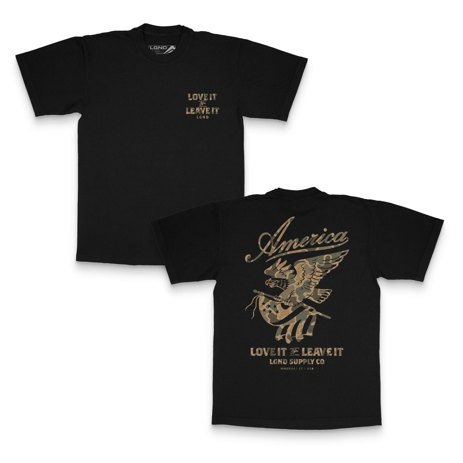 LGND Supply Co Love It or Leave It Tee in black with camo eagle, front and back