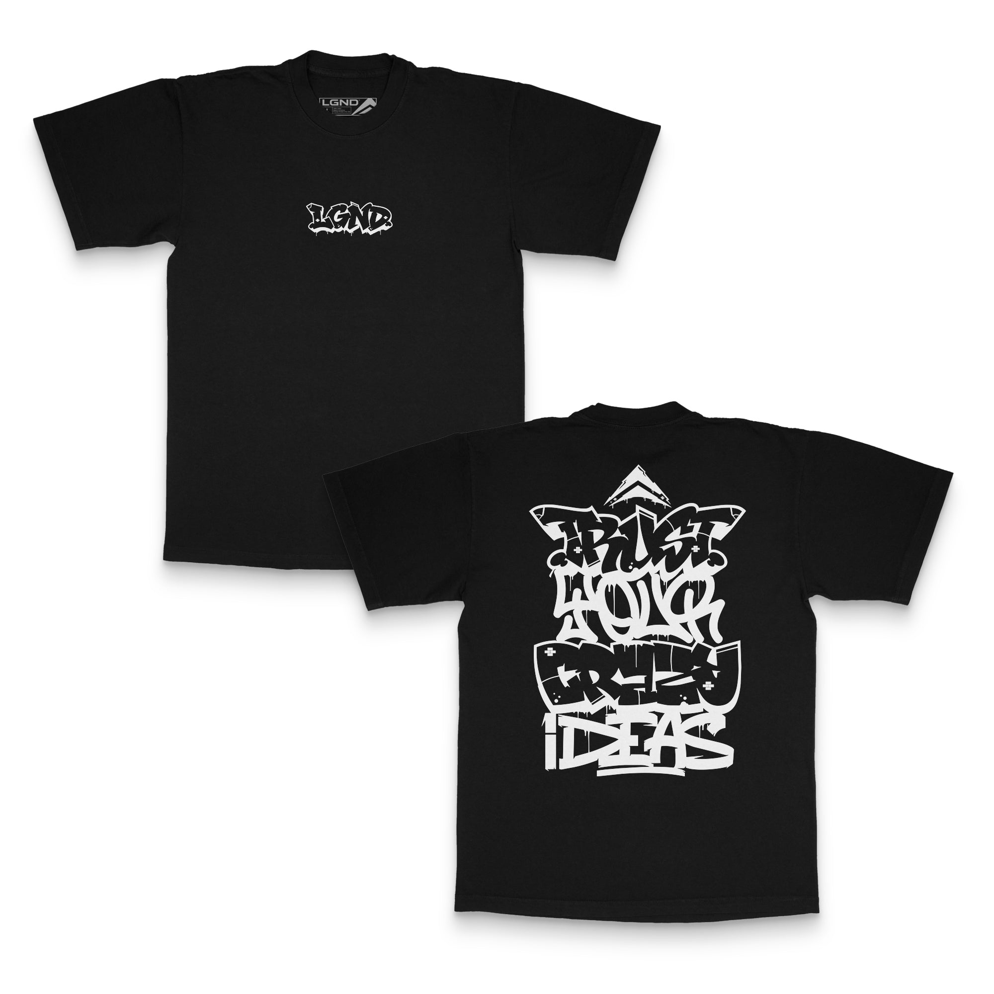 LGND Supply Co Crazy Ideas Tee in black with graffiti Trust Your Crazy Ideas graphic, front and back