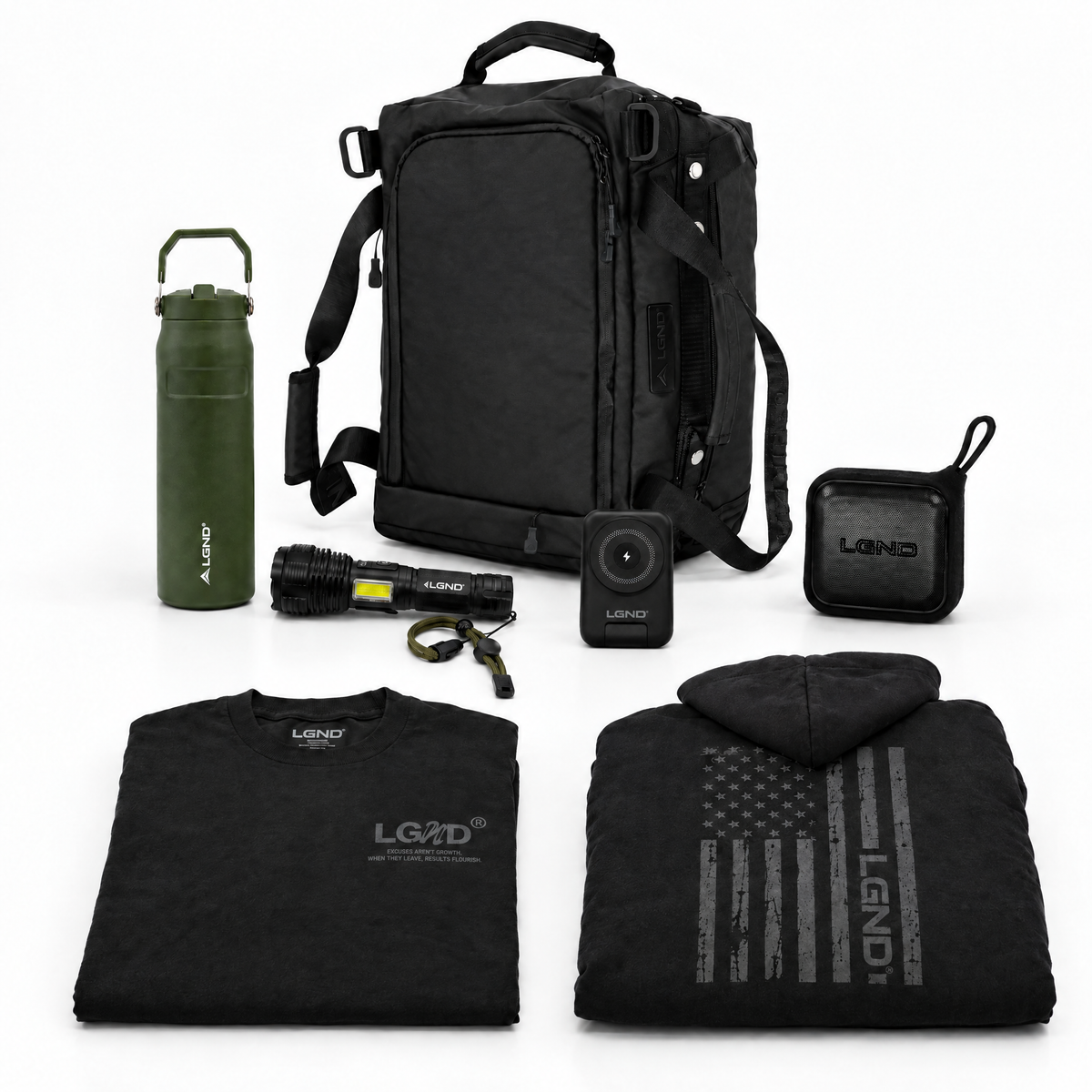 The Getaway Bundle: The Weekender 40L duffel, Active Flask, flashlight, power bank, speaker, tee and hoodie