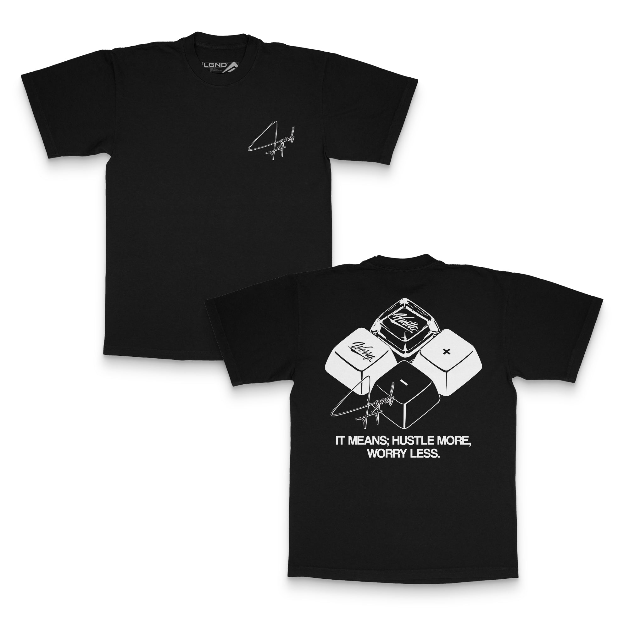 LGND Supply Co Ctrl Hustle Tee in black, Hustle More Worry Less keycap graphic