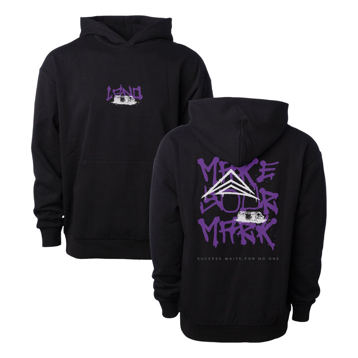 LGND Make Your Mark Oversized Hoodie in black, front and back views, purple graffiti Make Your Mark back print