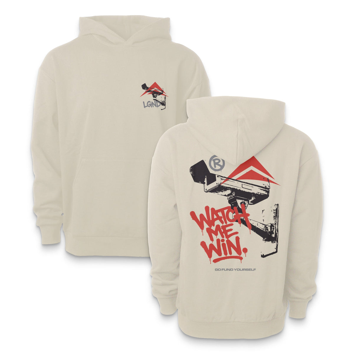 LGND Watch Me Win Oversized Hoodie in ivory, front and back views, surveillance camera and Watch Me Win graffiti print