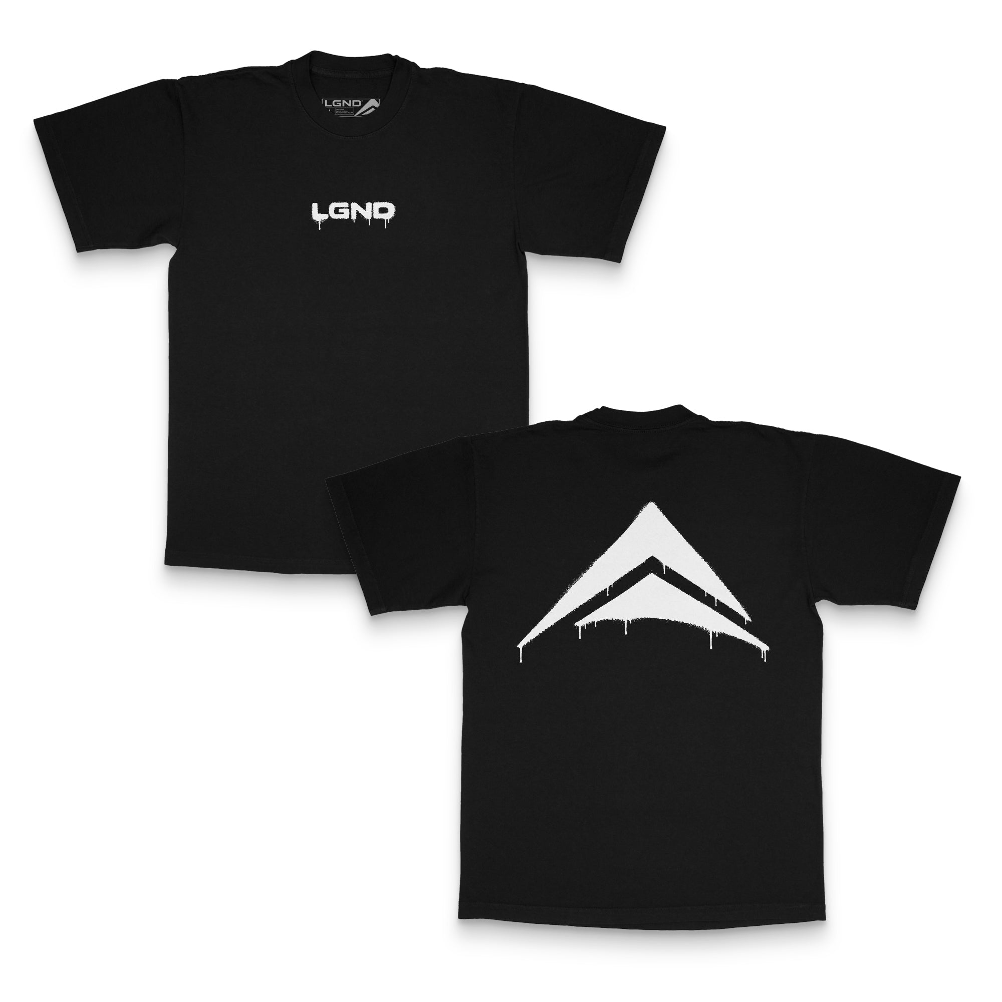 LGND Supply Co Fresh Paint Tee in black with spray paint logo, front and back